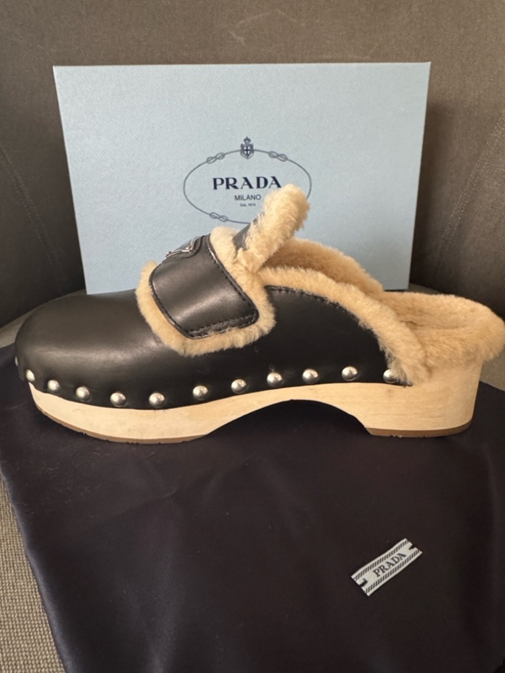 Prada logo Black Leather Stud Shearling Lined Clog, 45mm - Picture 6 of 10